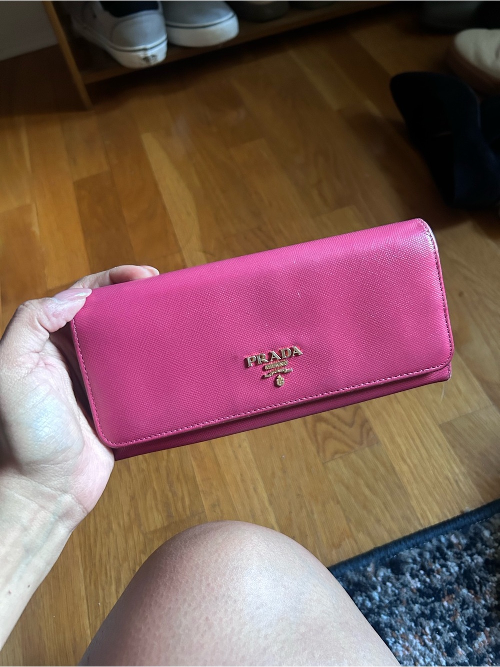 Prada Hot Pink Saffiano Continental Wallet with Gold Logo